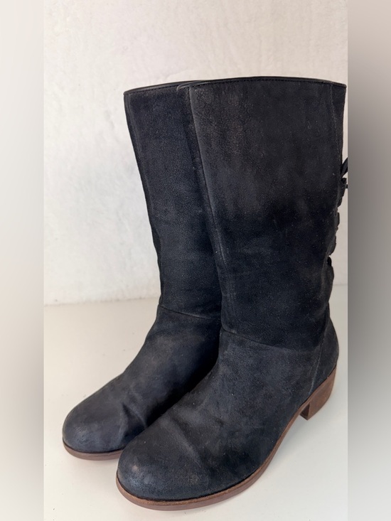 UGG Australia Black Leather Lace Back Mid Calf Boots Womens 8.5 Cozy Warm - Picture 7 of 15